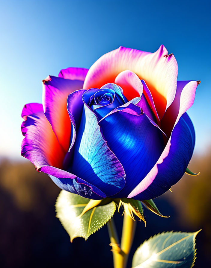 Multicolored Rose with Blue and Magenta Petals on Blurred Background