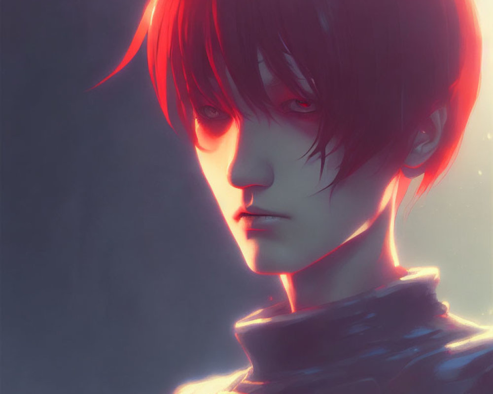 Illustration of person with red eyes and short red hair in soft, ethereal glow