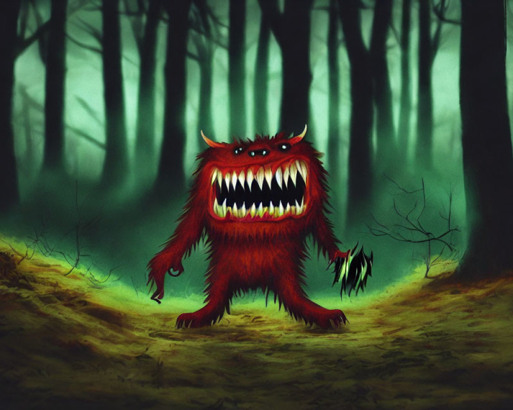 Red Furry Monster with Glowing Eyes in Forest Setting