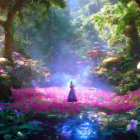 Enchanting forest landscape with pink flowers, blue pond, waterfalls, and ethereal light