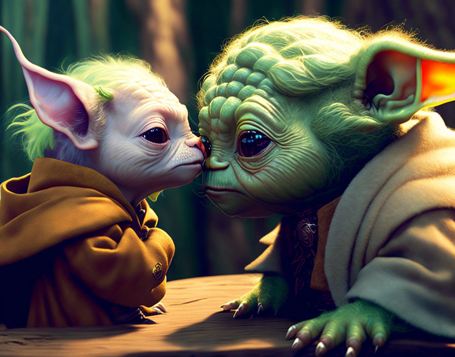 Two Yoda-like characters in forest setting, one young and one old, touching foreheads.