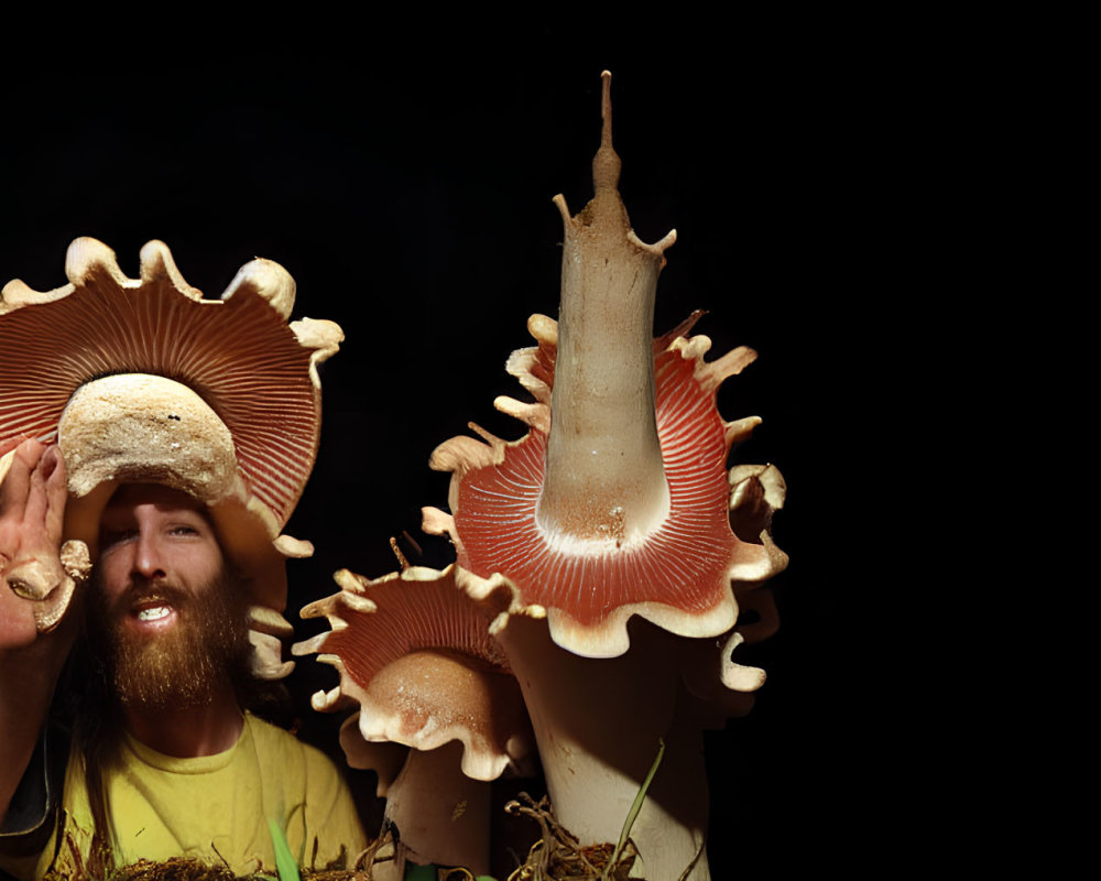 Bearded person smiles among large mushrooms on dark background