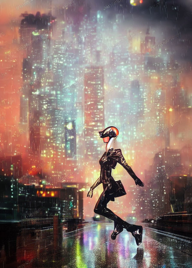 Futuristic female robot in neon-lit rainy cityscape at night