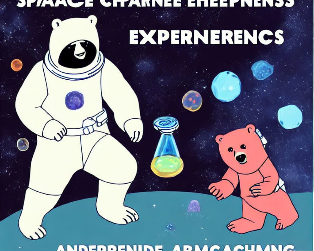 Cartoon bears in space with astronaut suit, colorful planets & stars