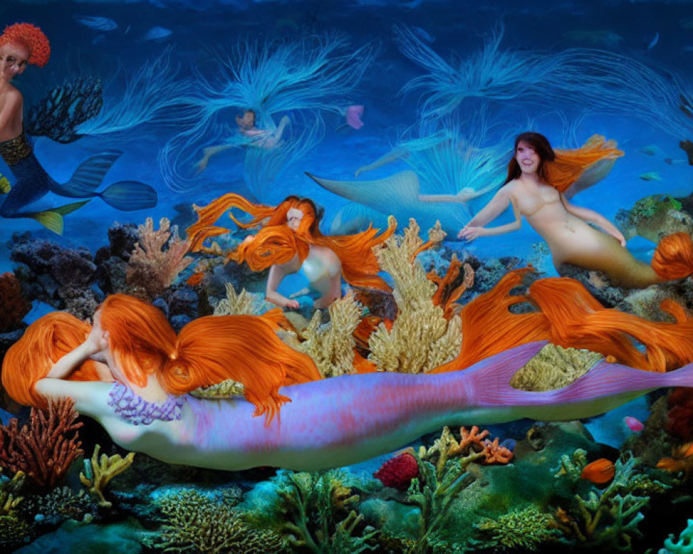 Colorful Underwater Scene: Four Mermaids Among Vibrant Coral