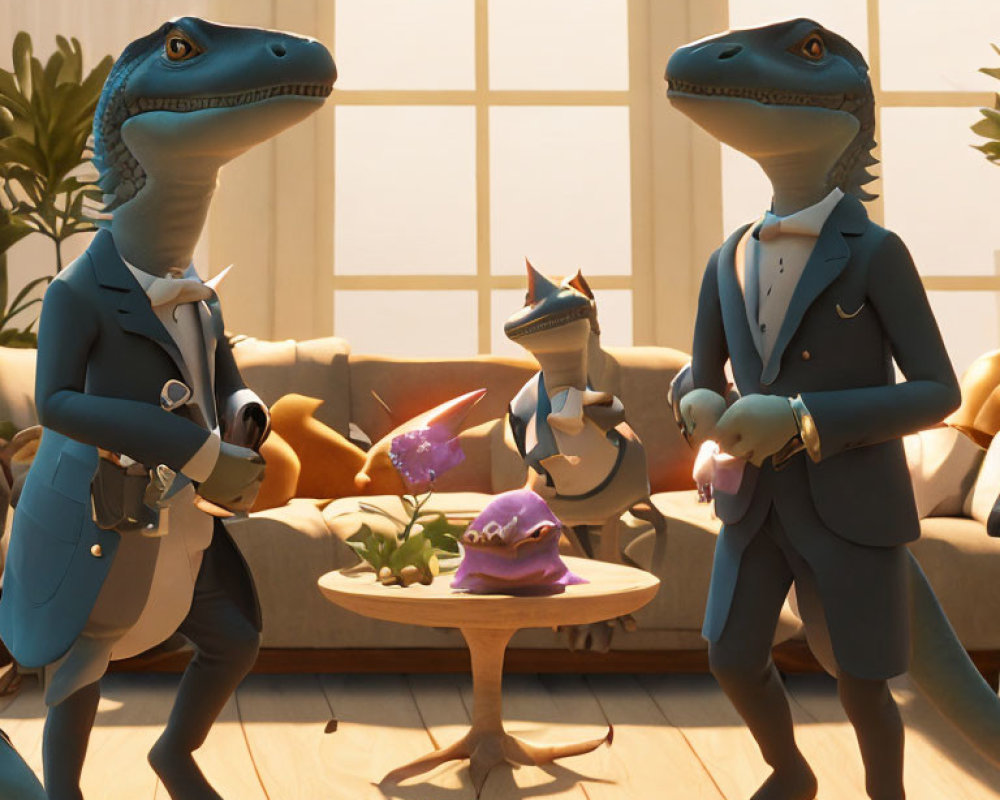 Three animated dinosaurs in suits in a living room with various activities.