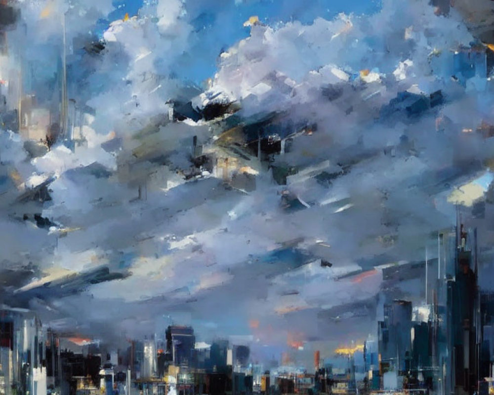 Cityscape painting of skyscrapers under dynamic cloudy sky in impressionist style