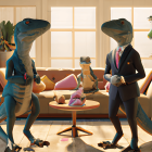 Three animated dinosaurs in suits in a living room with various activities.