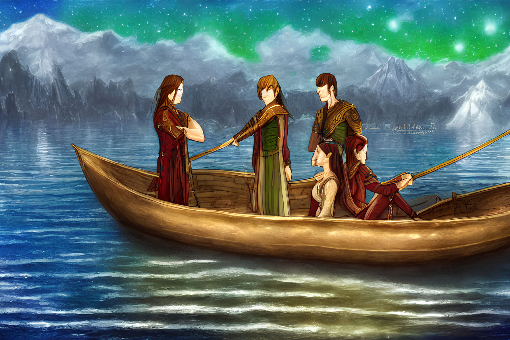 Four animated characters in historical attire on a wooden boat with oars in a serene mountain lake.