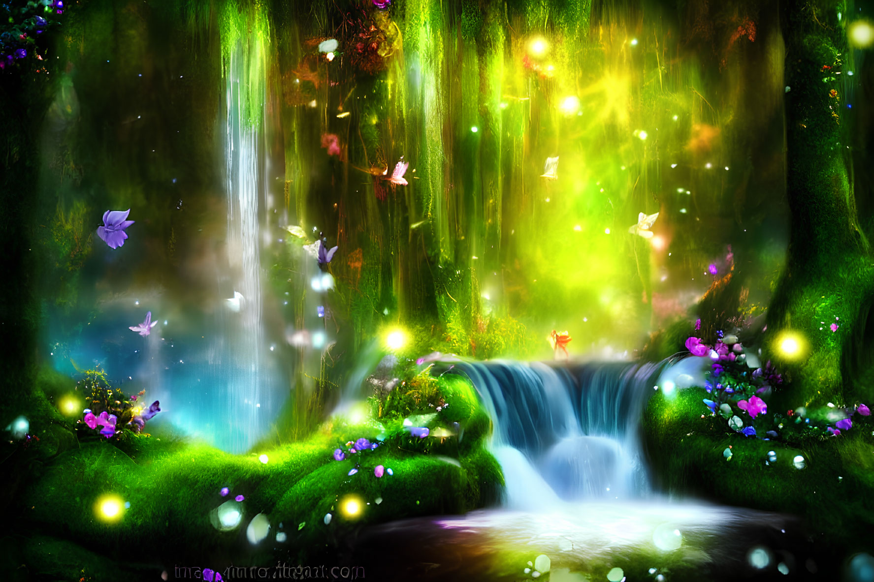 Fantasy forest scene with waterfall, glowing lights, butterflies, lush greenery