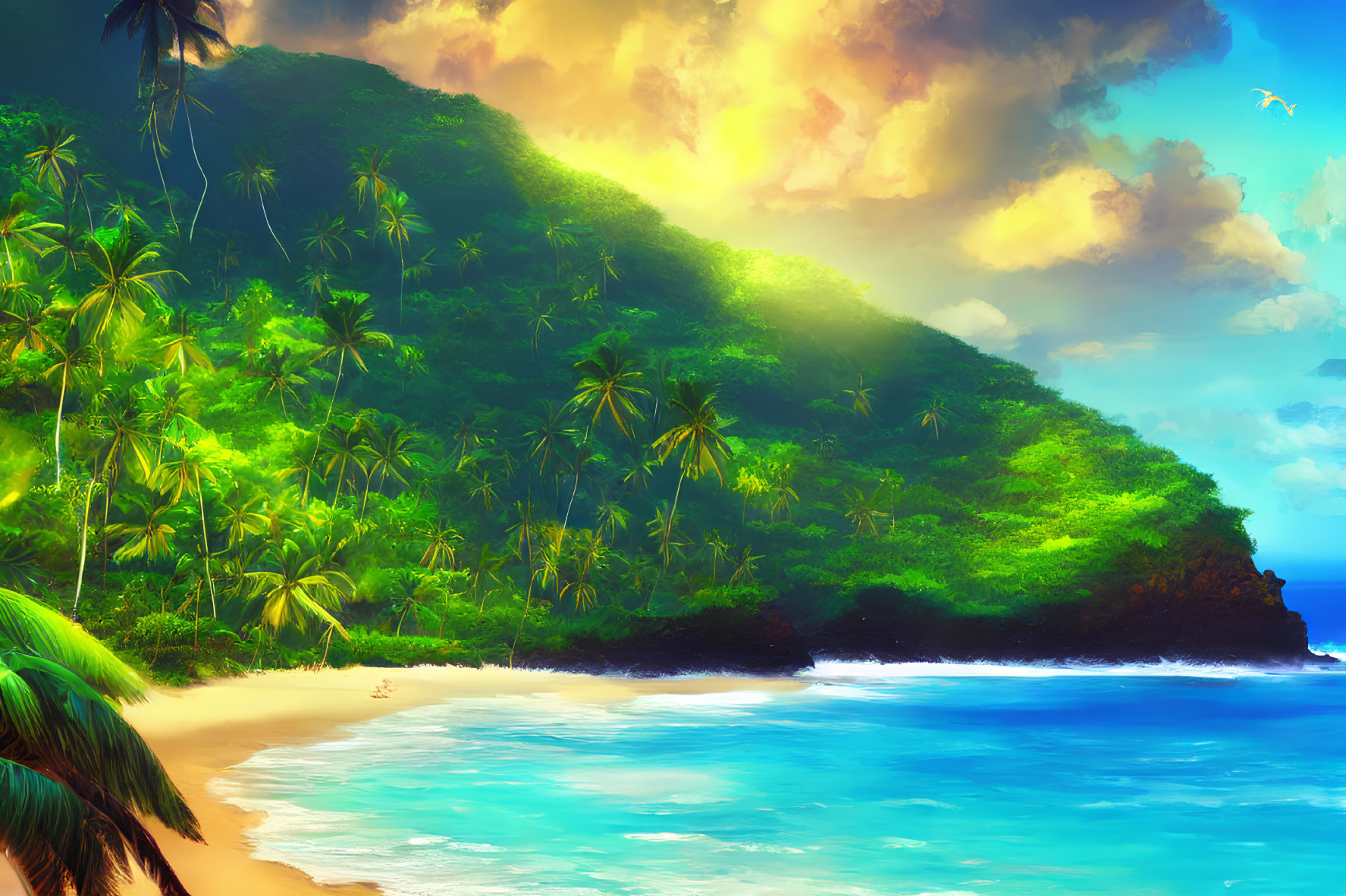 Tropical beach scene with palm trees, golden sand, blue water, and mountain backdrop