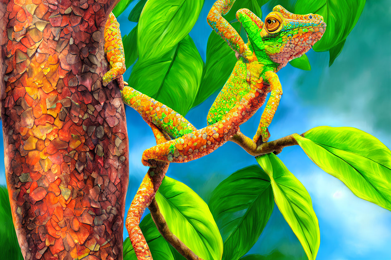 Vibrant chameleon on textured branch with green leaves
