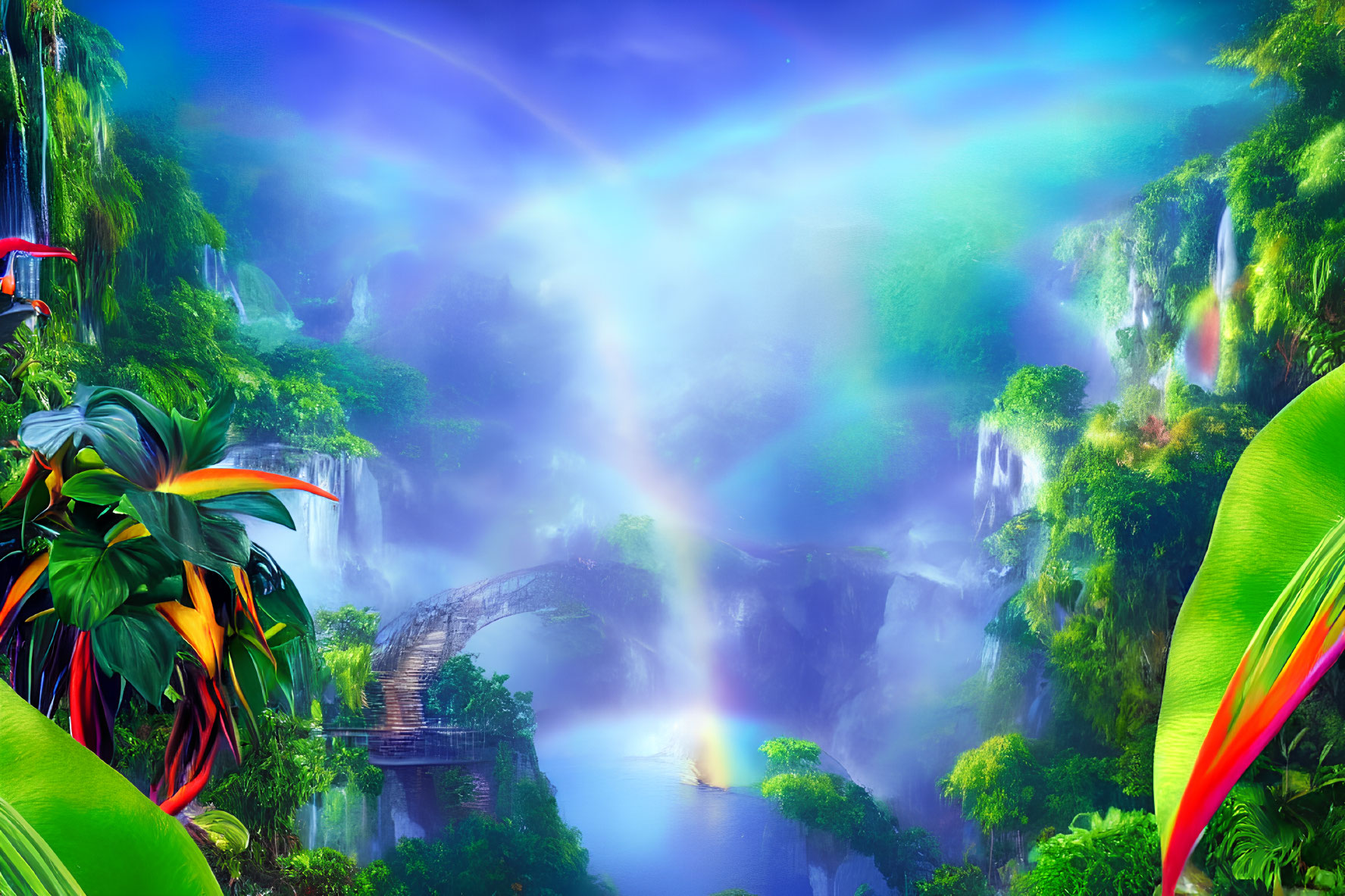 Fantastical landscape with wooden bridge, misty river, lush foliage, waterfalls, and colorful
