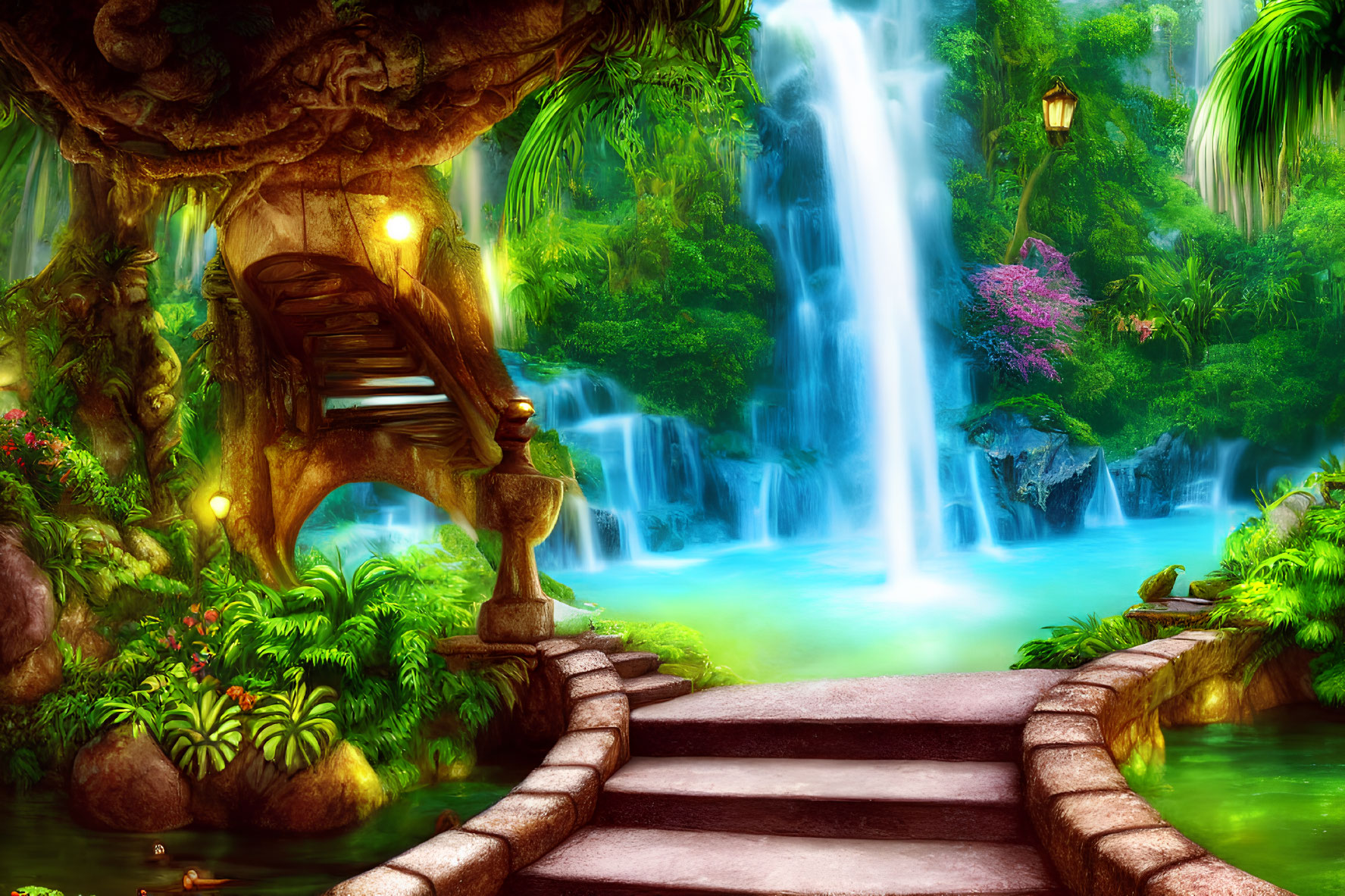 Fantasy landscape with waterfall, greenery, lanterns, stone pathway & whimsical tree
