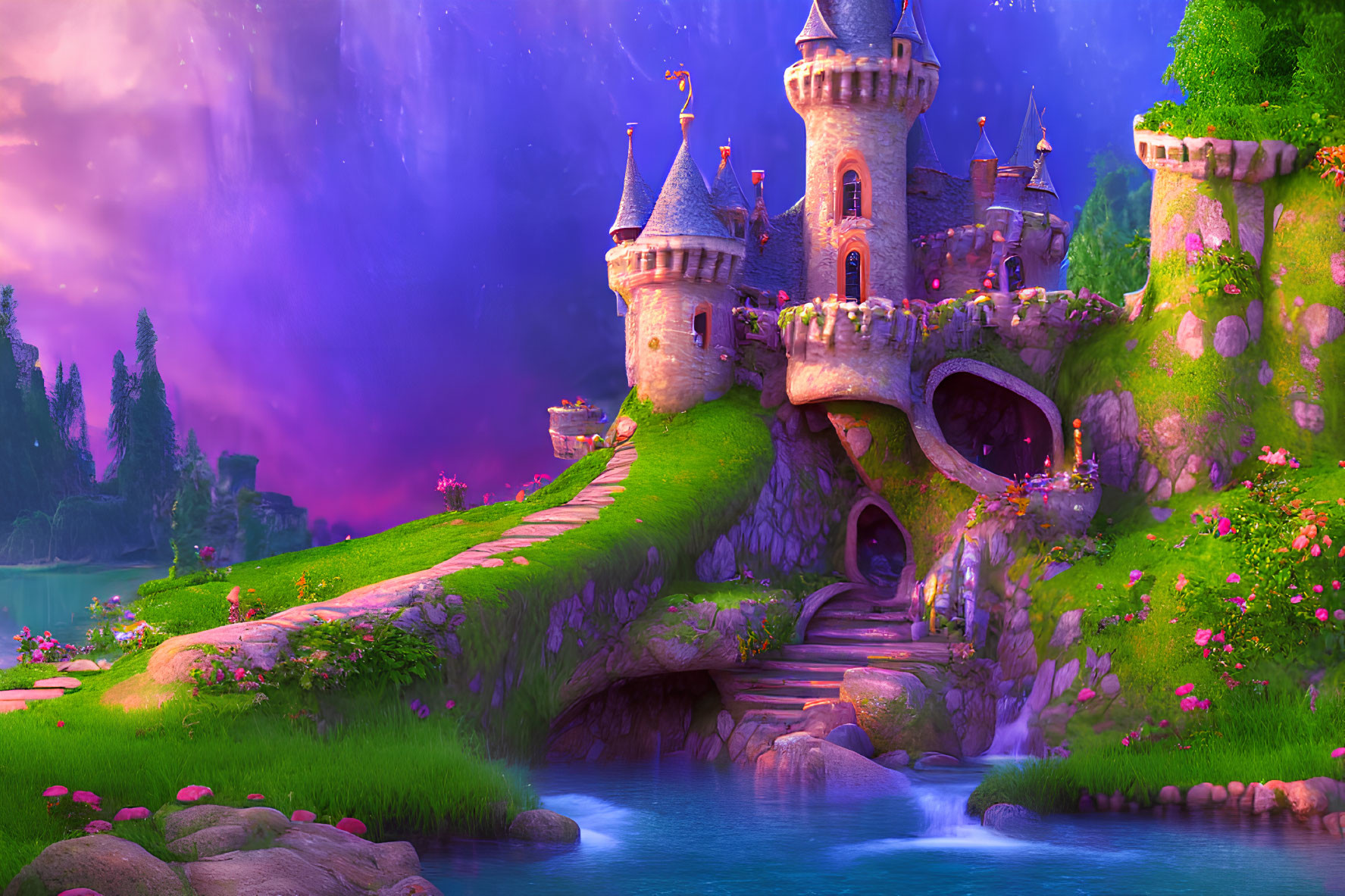 Colorful Fairytale Castle with Towers and Arches in Lush Landscape