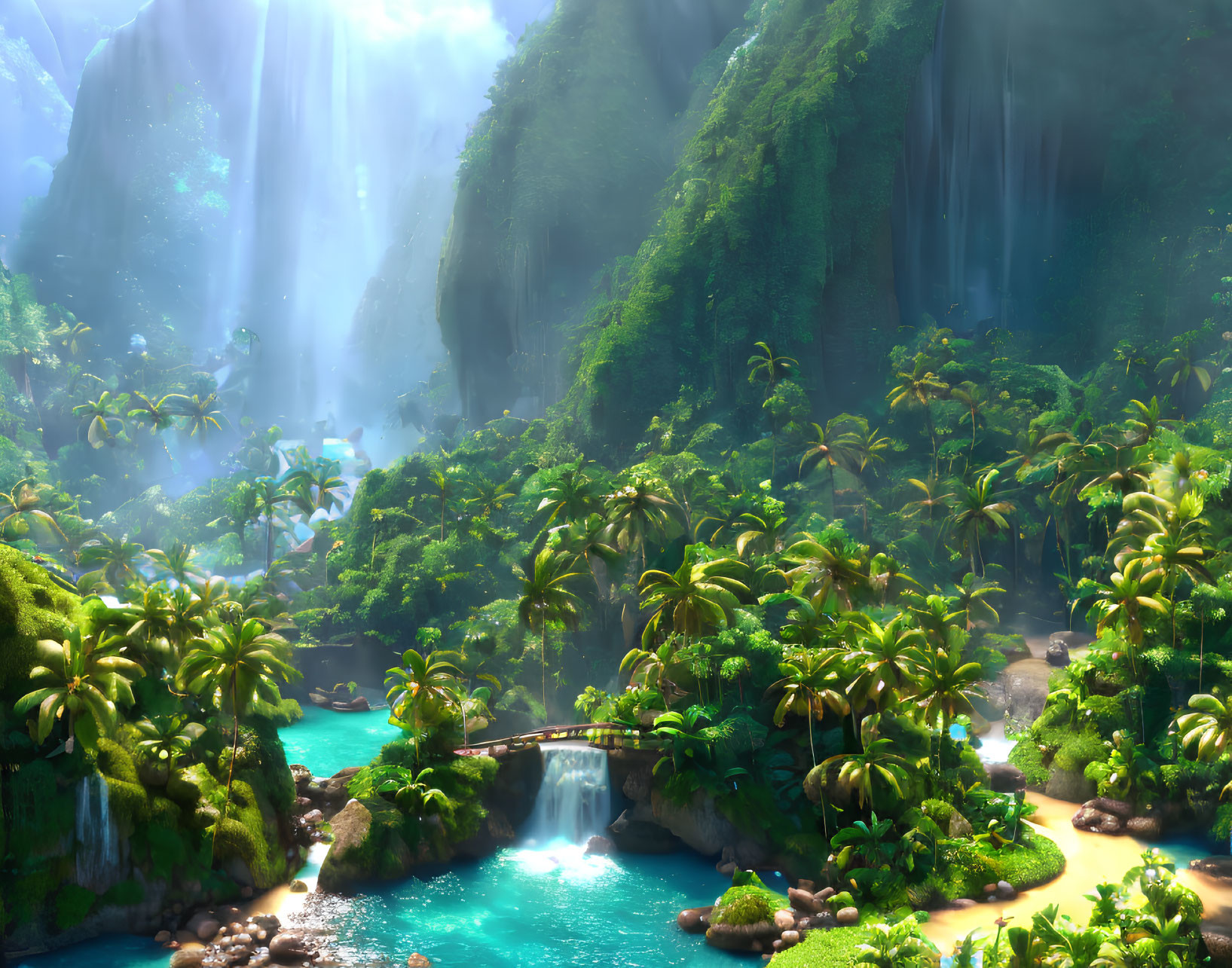 Tropical paradise with waterfalls, palm trees, and serene river