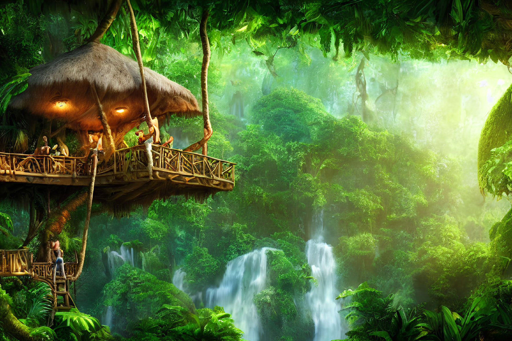 Thatched roof treehouse in lush jungle with waterfall