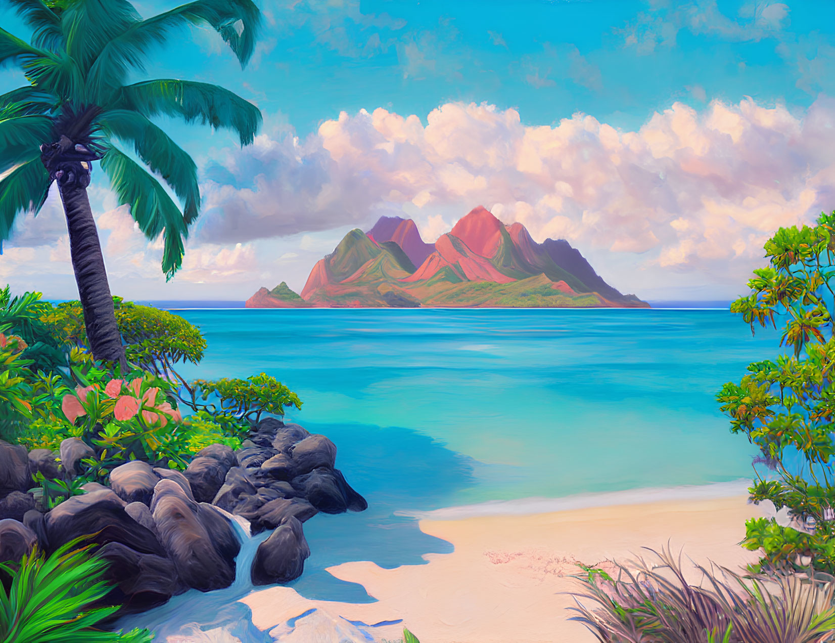 Tropical Seascape with Beach, Palm Trees, and Mountains
