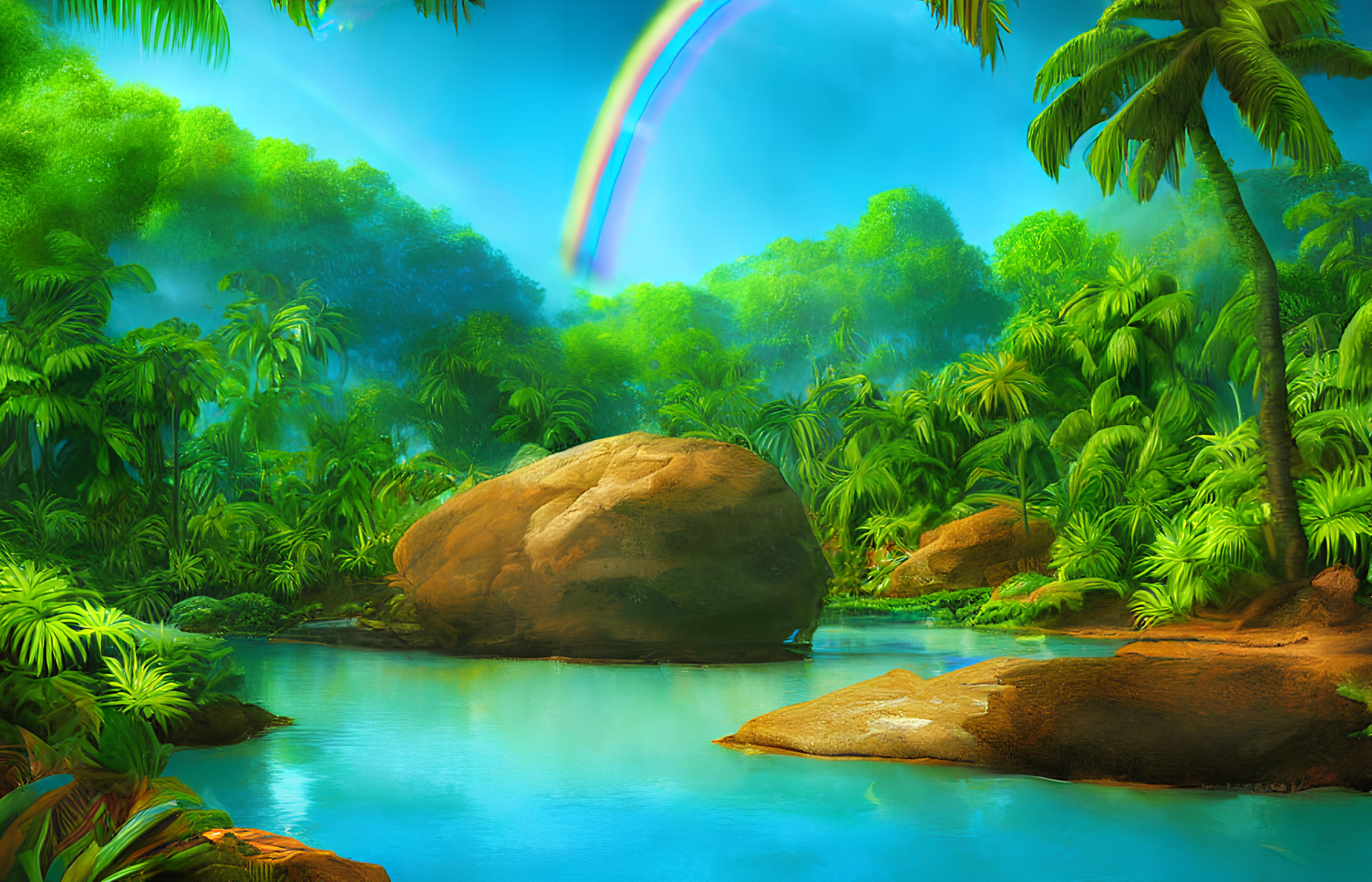 Vibrant tropical forest with blue river, boulders, and rainbow