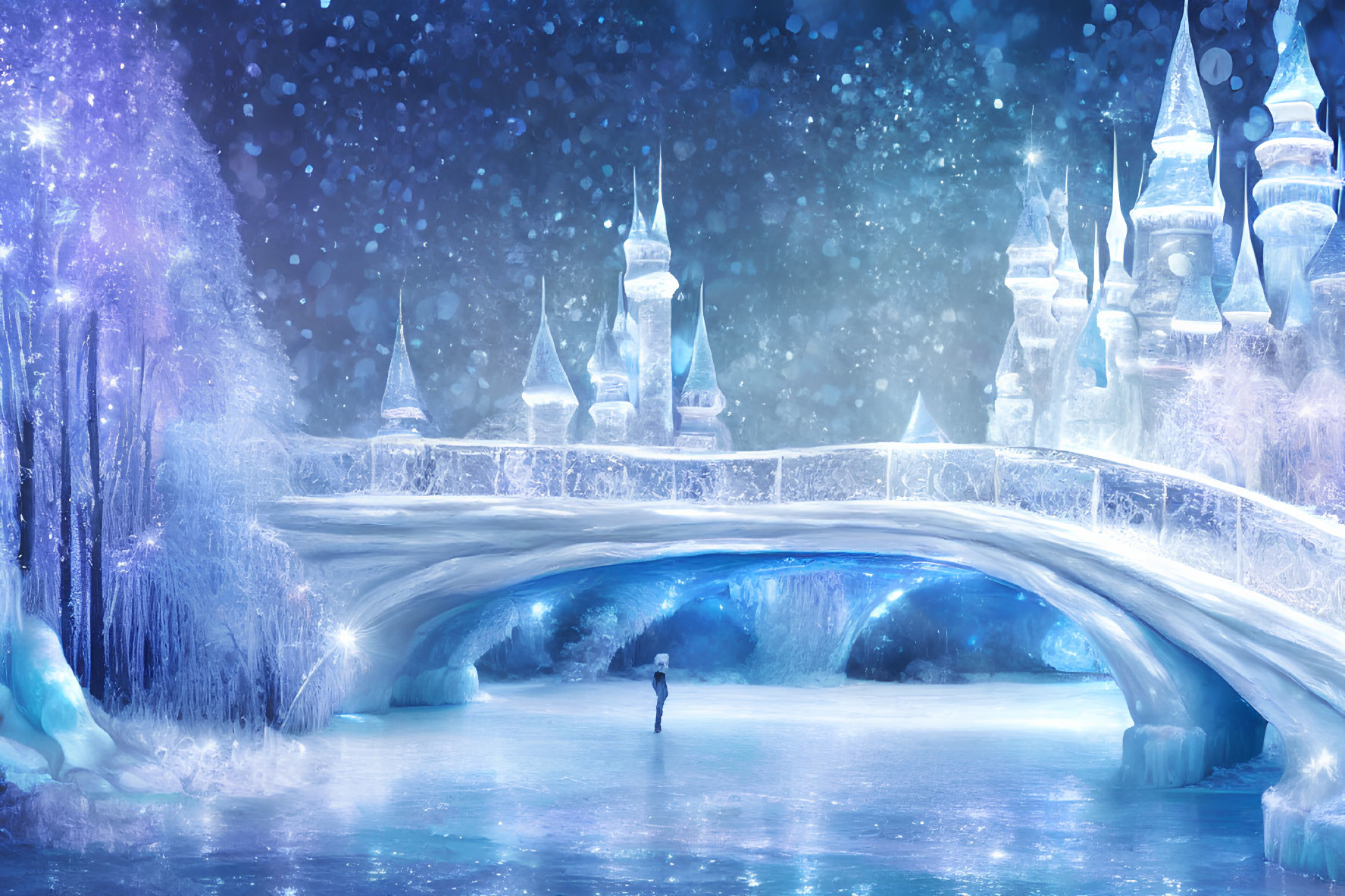 Person gazes at icy blue castle in winter wonderland
