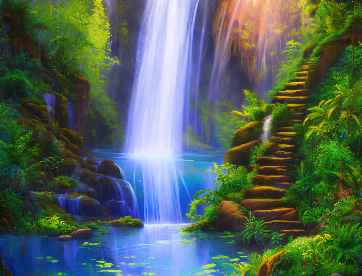 Scenic landscape with cascading waterfall and stone staircase