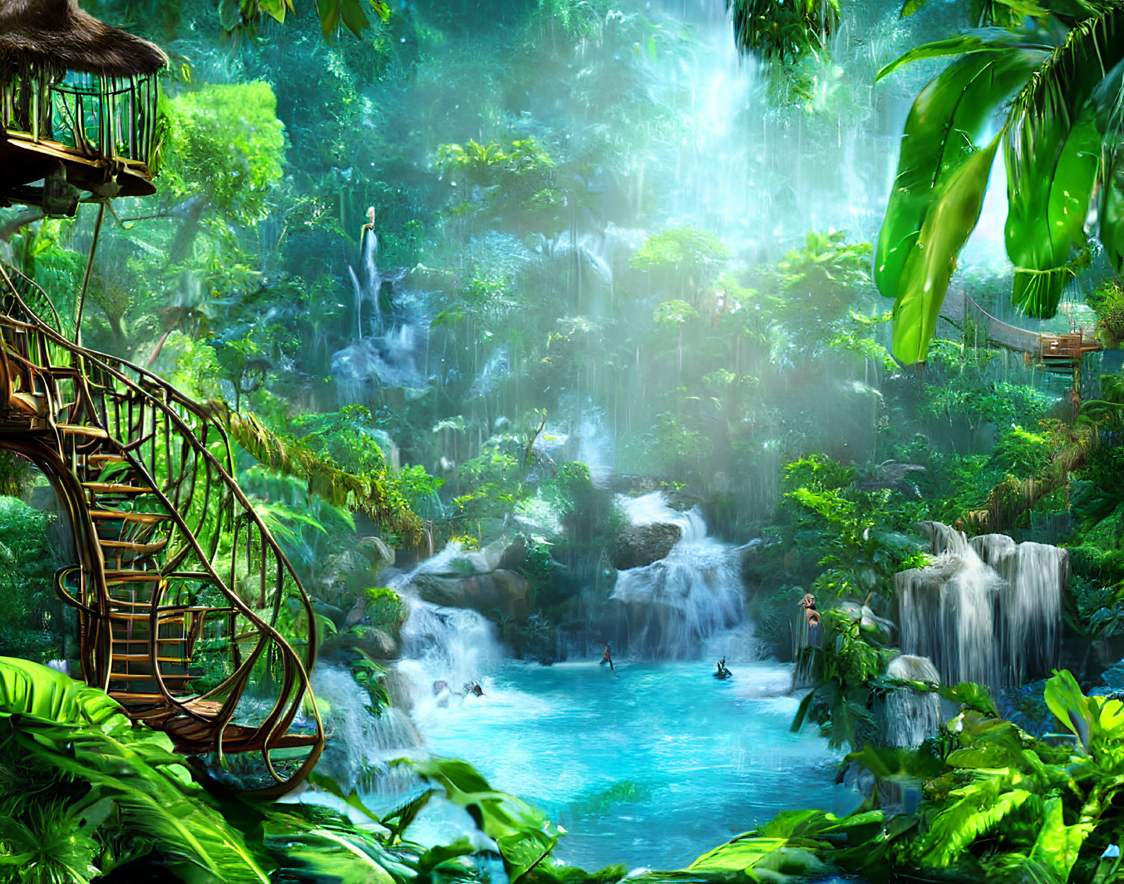 Lush green jungle with waterfalls, wooden bridge, hut in misty foliage