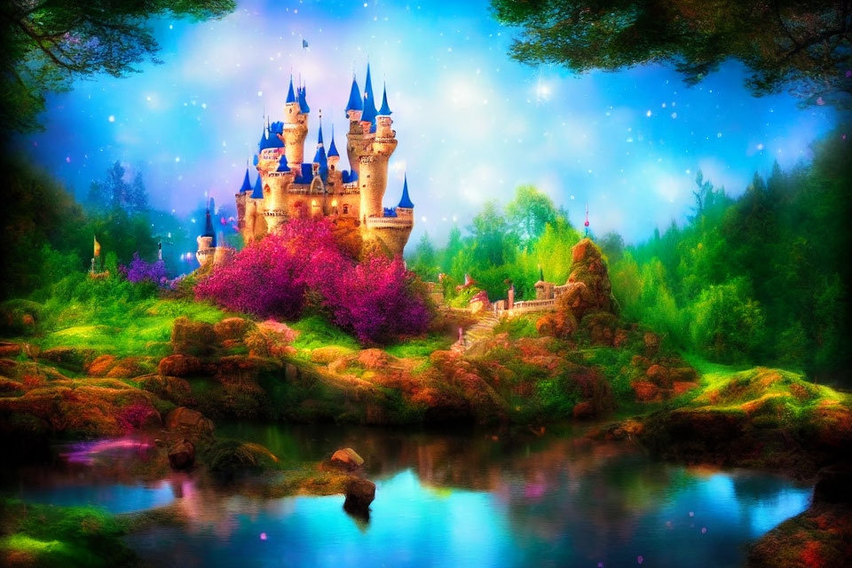 Fantasy landscape with castle, greenery, blossoms, river, and starry sky