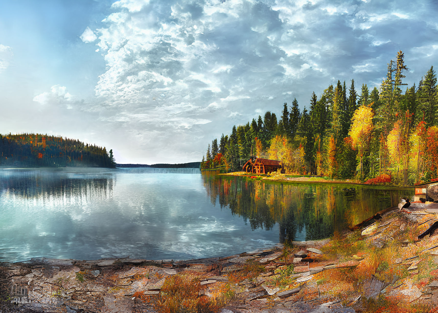 Serene Lake Scene with Autumn Trees and Cabin