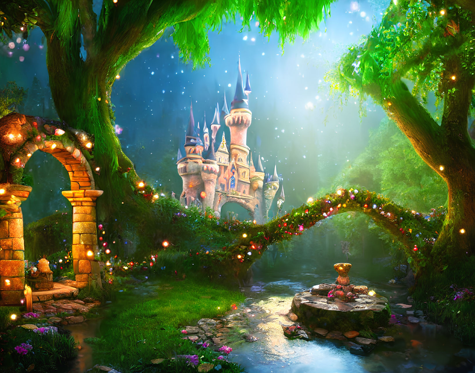 Whimsical fairy tale landscape with castle, glowing lights, stone bridge, and vibrant flora