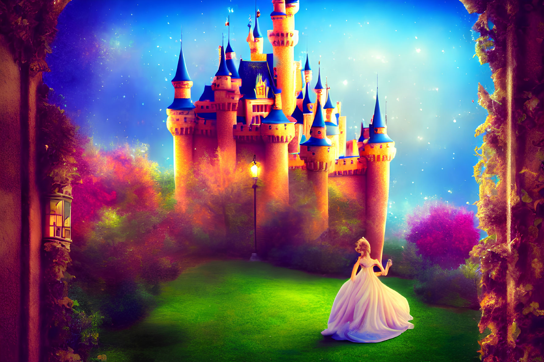 Woman in white gown at colorful castle gardens under starry sky