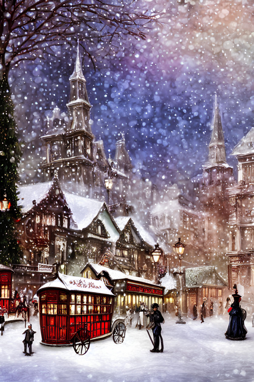 Victorian street scene with snowfall, red streetcar, vintage architecture, and period clothing under twilight