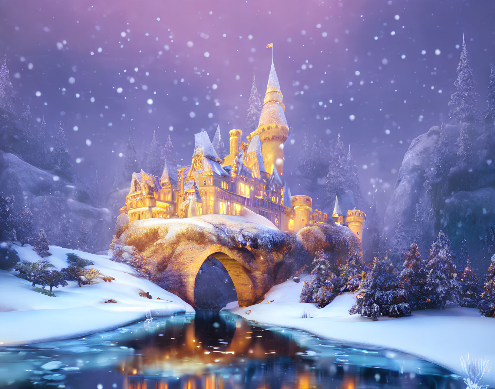 Snowy castle scene: illuminated windows, stone bridge, reflective river, falling snowflakes