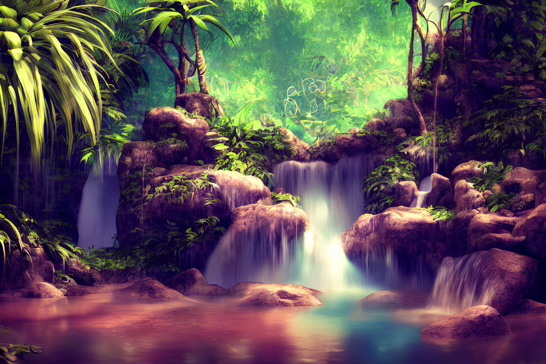 Tranquil Tropical Waterfall with Moss-Covered Rocks