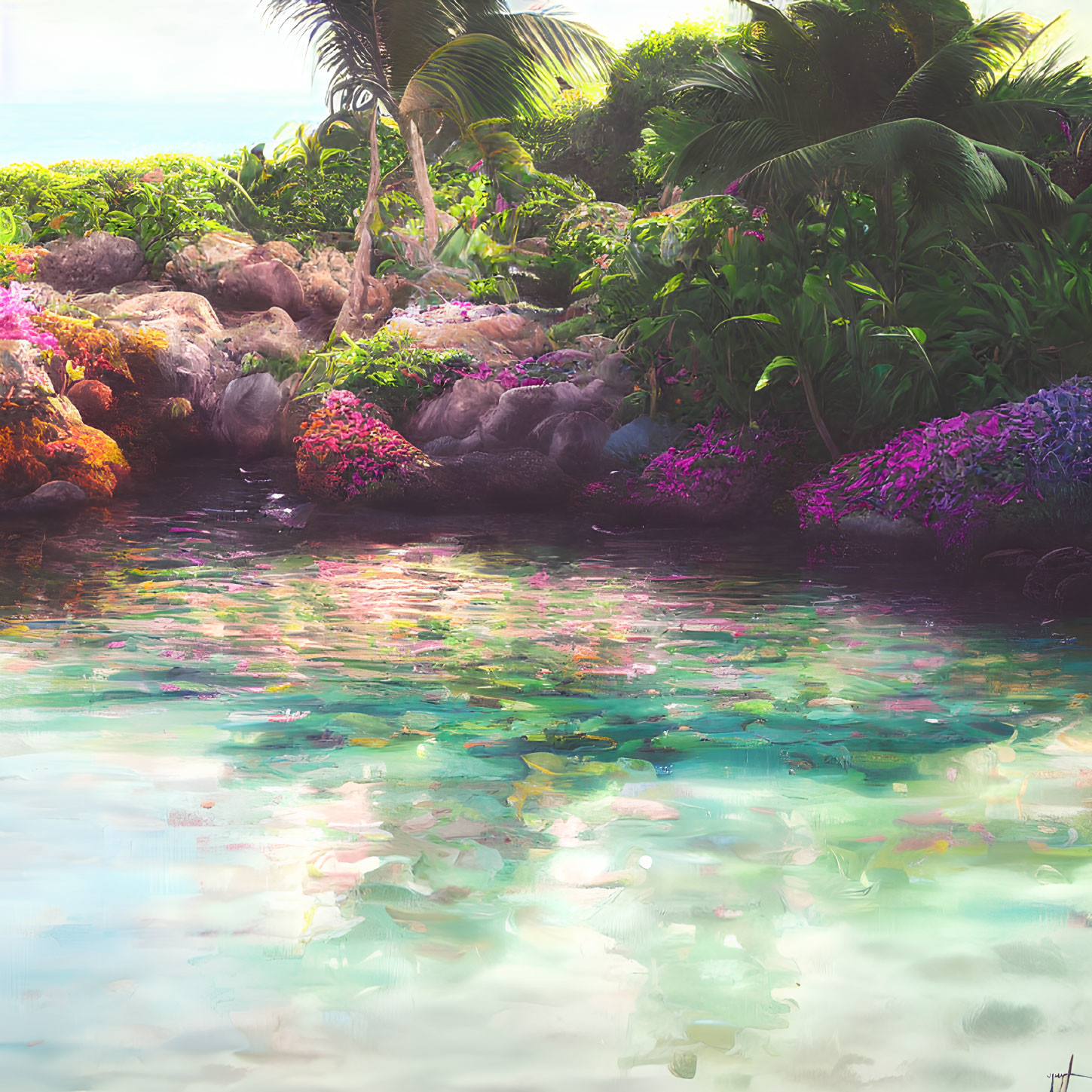 Tranquil Tropical Pond with Vibrant Flowers and Colorful Fish