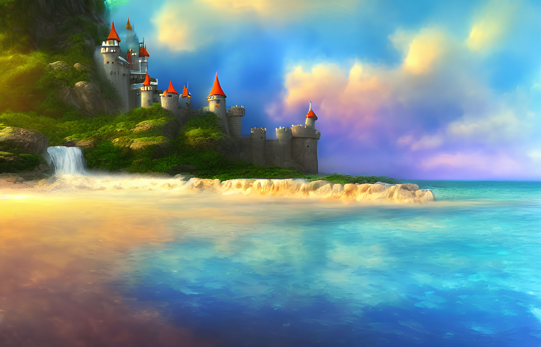 Fairytale castle with red-roofed towers on cliff overlooking beach