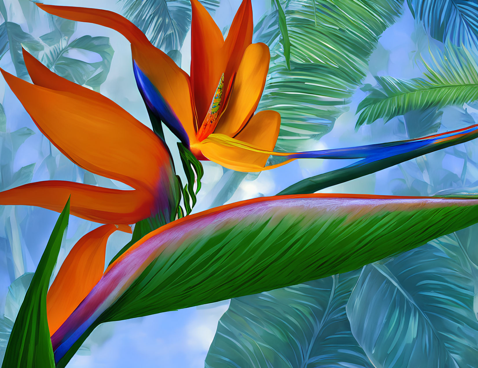 Colorful Digital Art: Orange Bird of Paradise Flower on Blue and Green Tropical Background