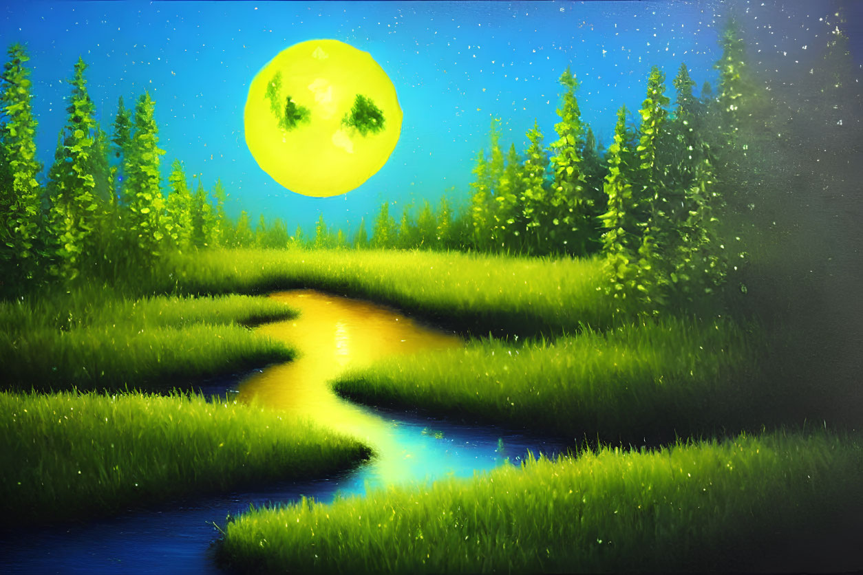Moonlit night painting: yellow moon, winding river, green trees, starry sky