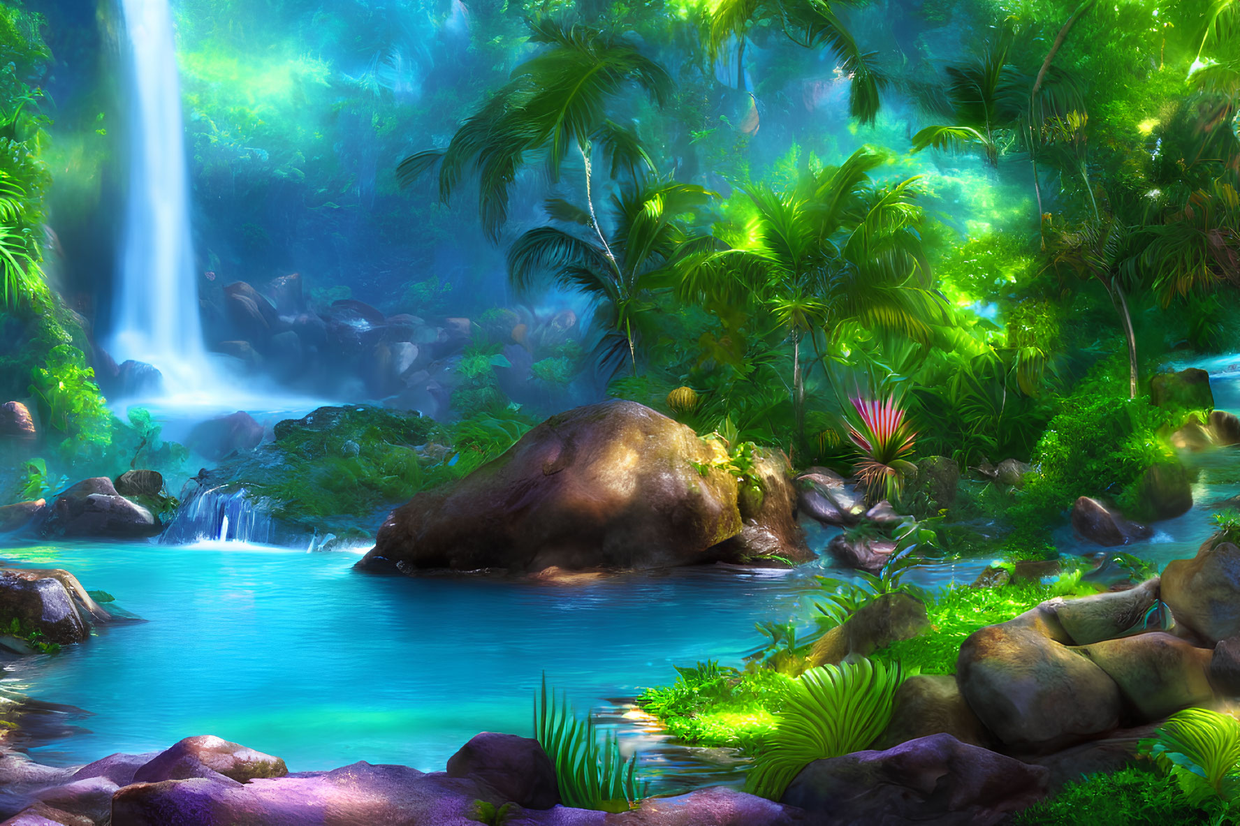 Tranquil Tropical Waterfall with Blue Pond and Lush Vegetation
