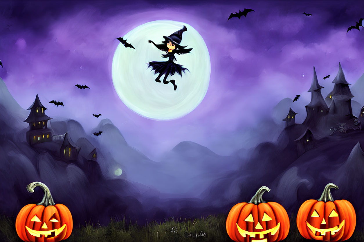 Witch flying on broomstick over full moon with bats, pumpkins, haunted houses.