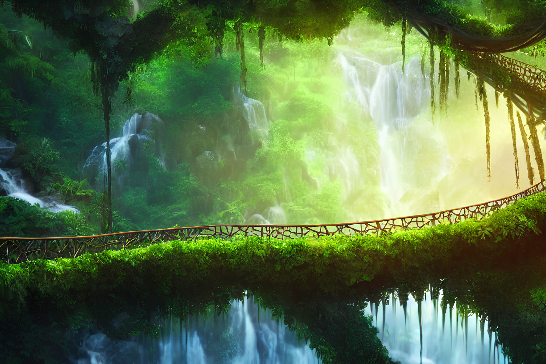 Tranquil Waterfall Oasis with Wooden Bridge and Greenery