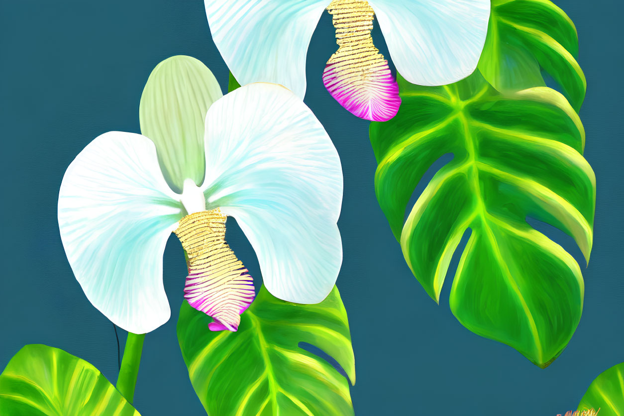 White Orchids with Pink and Gold Centers in Digital Art