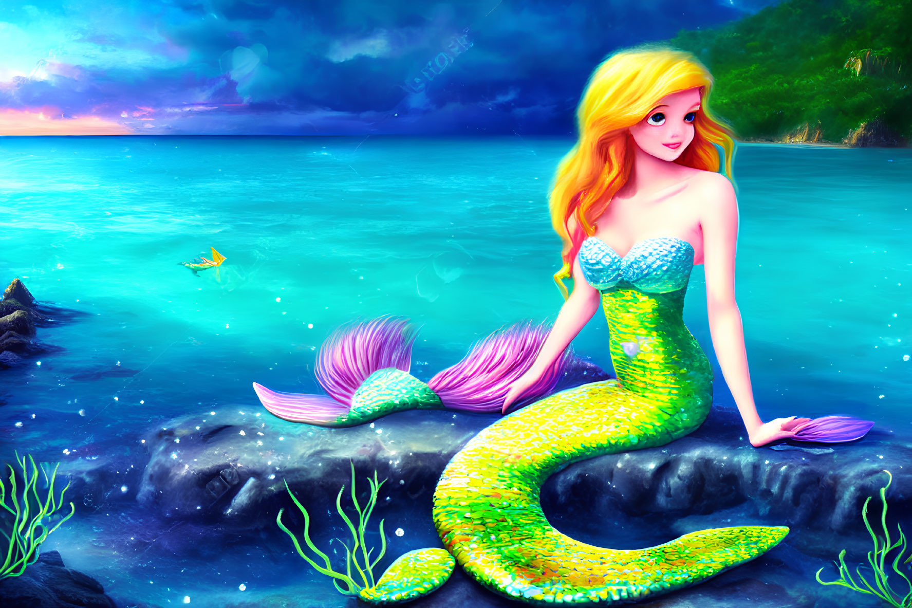 Mermaid with golden hair and green tail on rock by sea at sunset