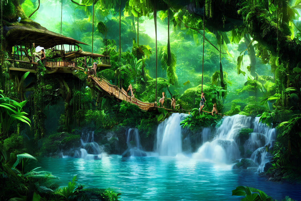 Lush Jungle Scene with Waterfall, Turquoise Pool, and Wooden Bridge