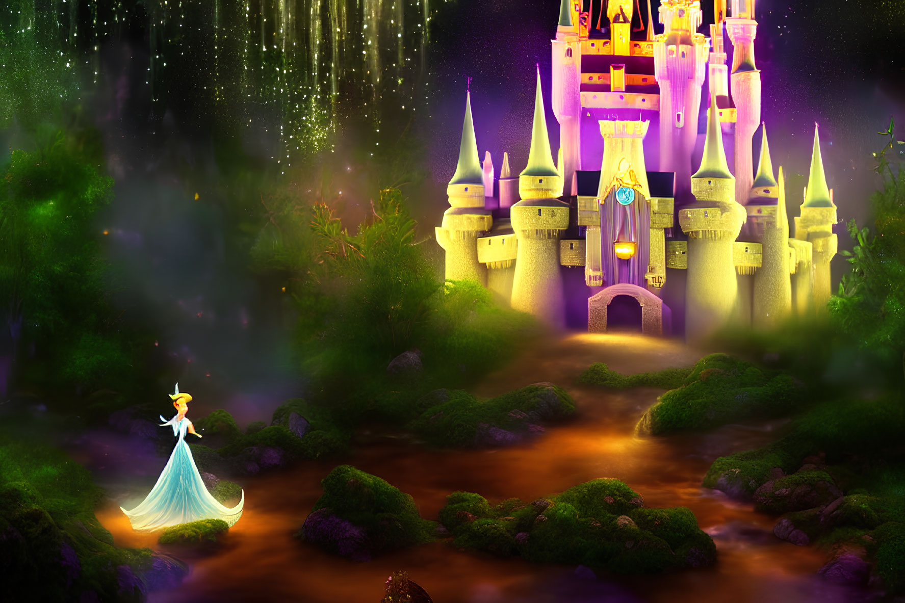 Glowing princess in front of majestic castle in magical forest