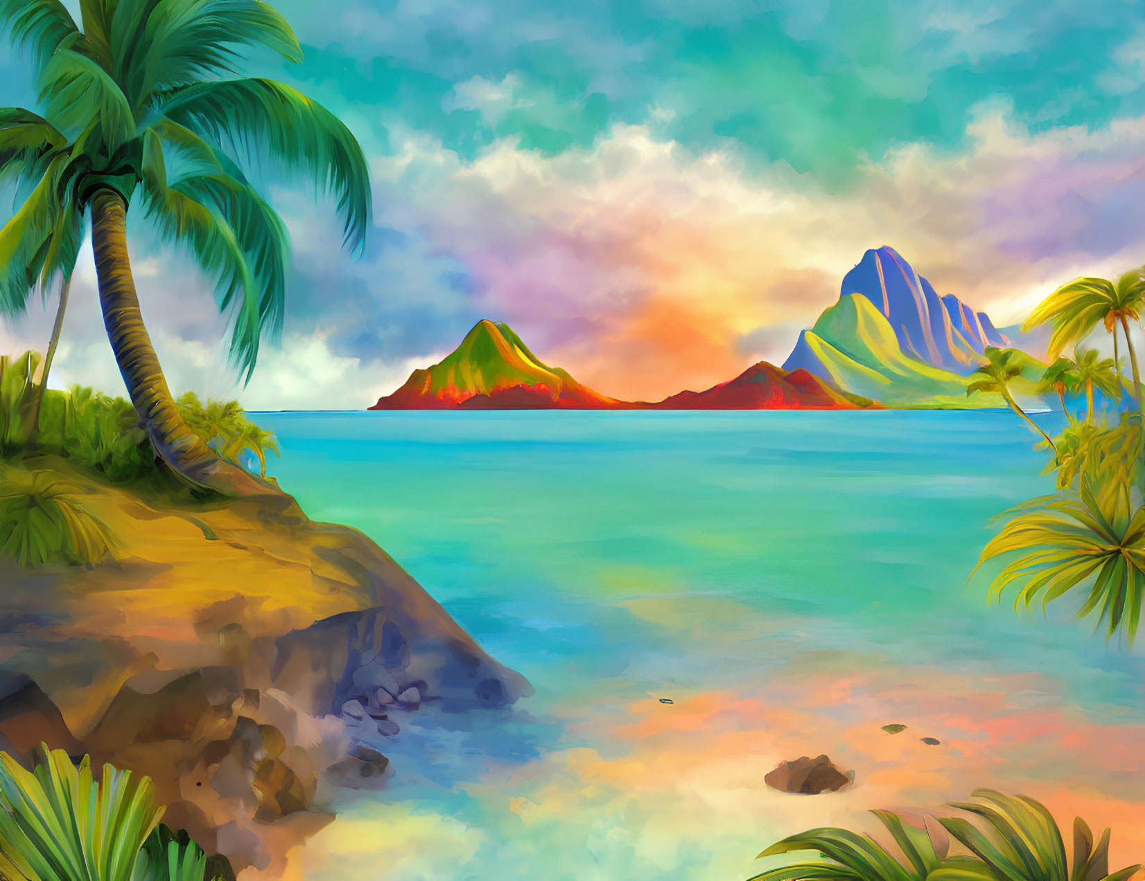 Tropical beach scene with palm trees, ocean, mountains, and sunset