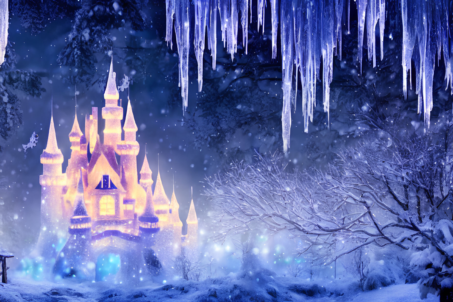 Snowy scene with glowing castle, icy stalactites, frost-covered tree, and blue light.