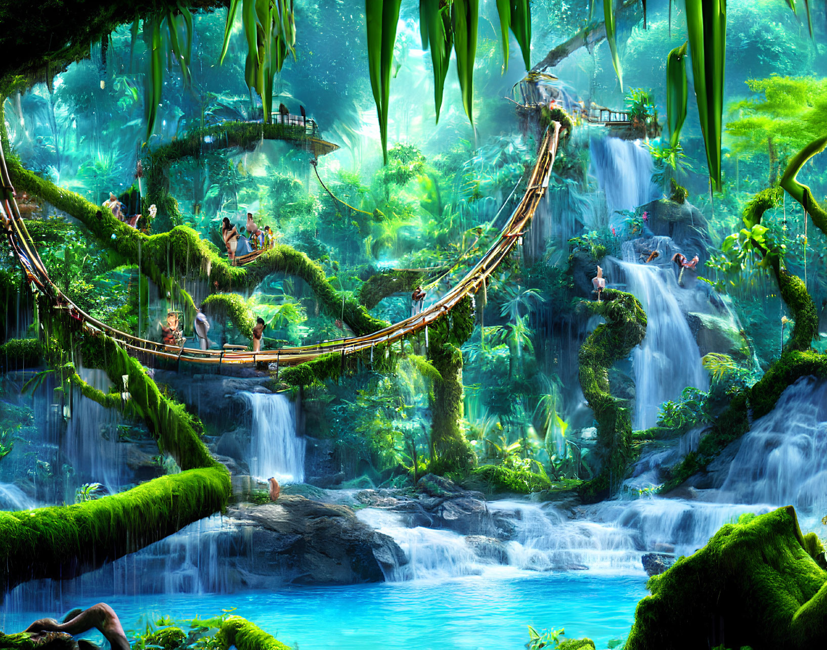 Colorful Jungle Scene with Rope Bridge and Waterfalls