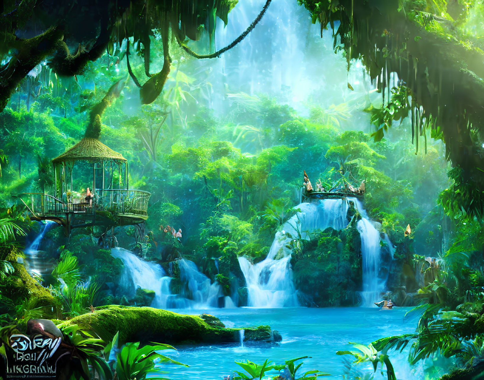 Lush Jungle Scene with Waterfalls, Blue Lagoon, Gazebo, and Human Presence