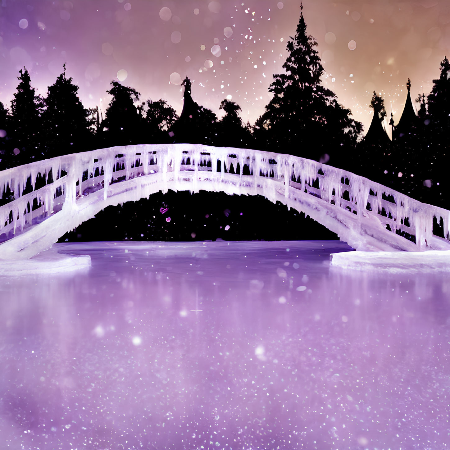 Snow-covered bridge over frozen water under twilight sky.