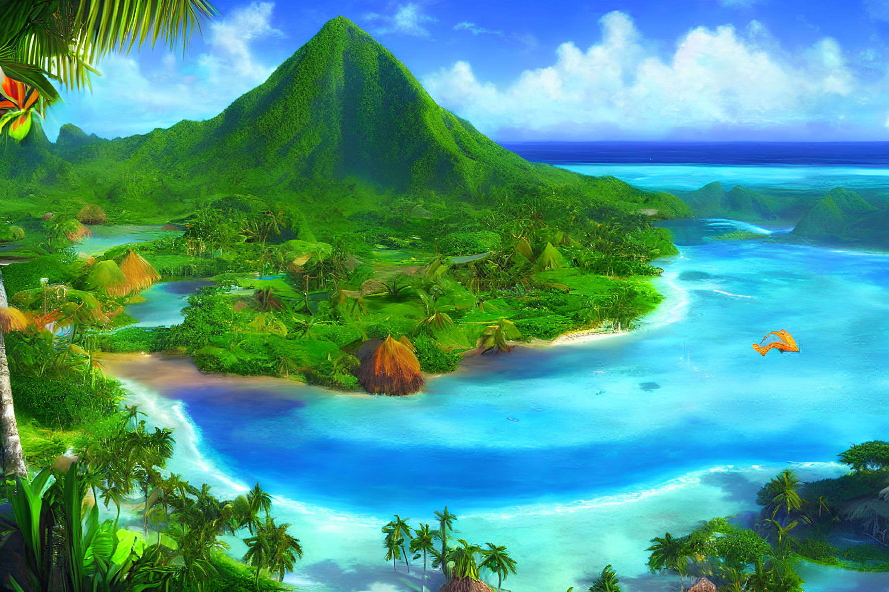 Tropical island with green mountain, palm trees, huts, blue lagoon, and parasailing